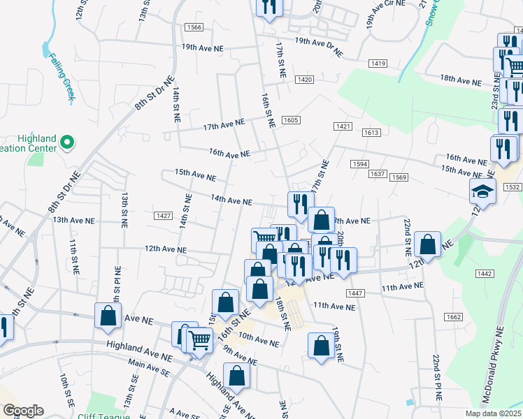 map of restaurants, bars, coffee shops, grocery stores, and more near 1536 14th Avenue Northeast in Hickory