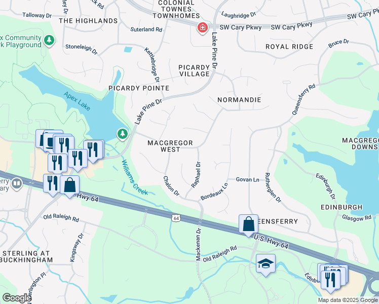 map of restaurants, bars, coffee shops, grocery stores, and more near 303 Versailles Drive in Cary