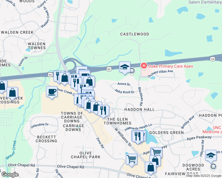 map of restaurants, bars, coffee shops, grocery stores, and more near 2107 Abby Knoll Drive in Apex