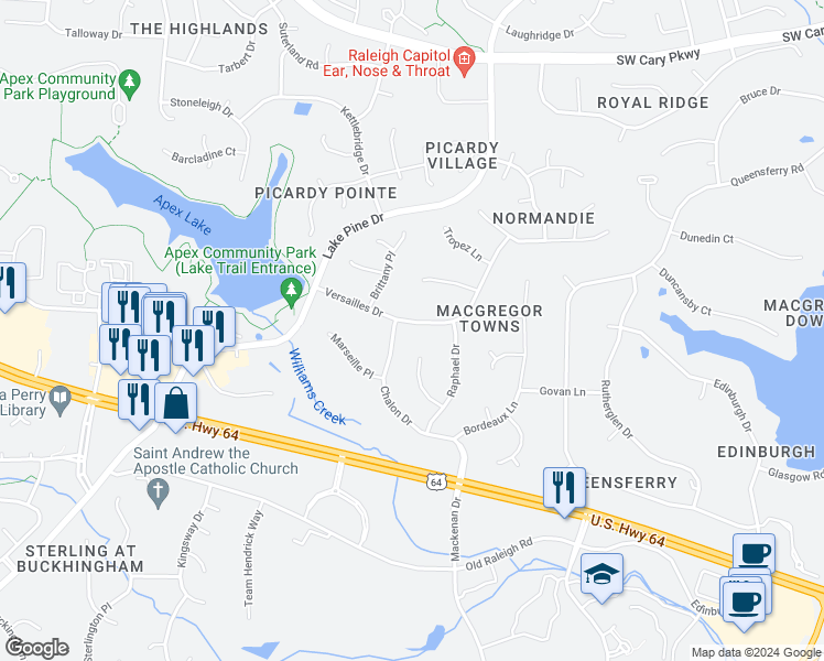 map of restaurants, bars, coffee shops, grocery stores, and more near 307 Versailles Drive in Cary