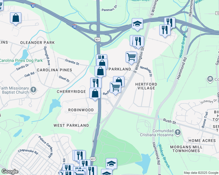 map of restaurants, bars, coffee shops, grocery stores, and more near 2730 Renfrow Road in Raleigh