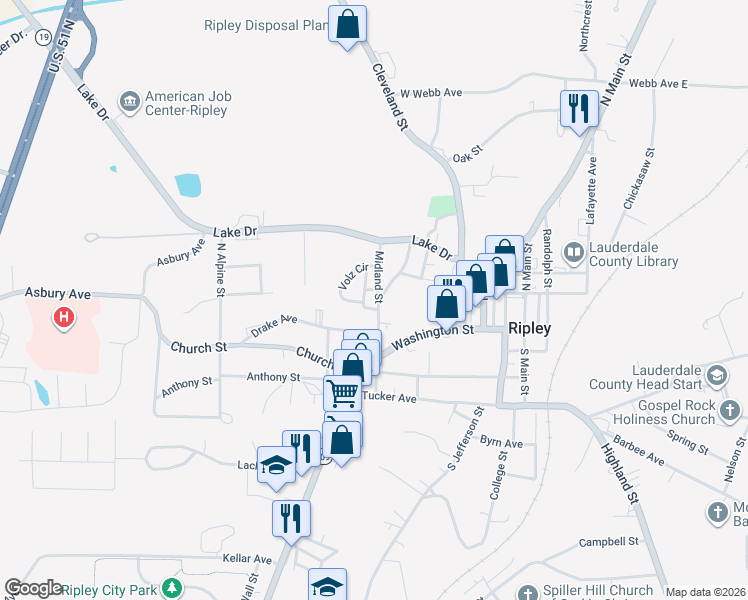 map of restaurants, bars, coffee shops, grocery stores, and more near 126 Midland St in Ripley