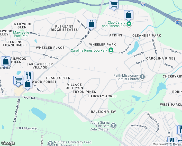 map of restaurants, bars, coffee shops, grocery stores, and more near 1705 Evergreen Avenue in Raleigh