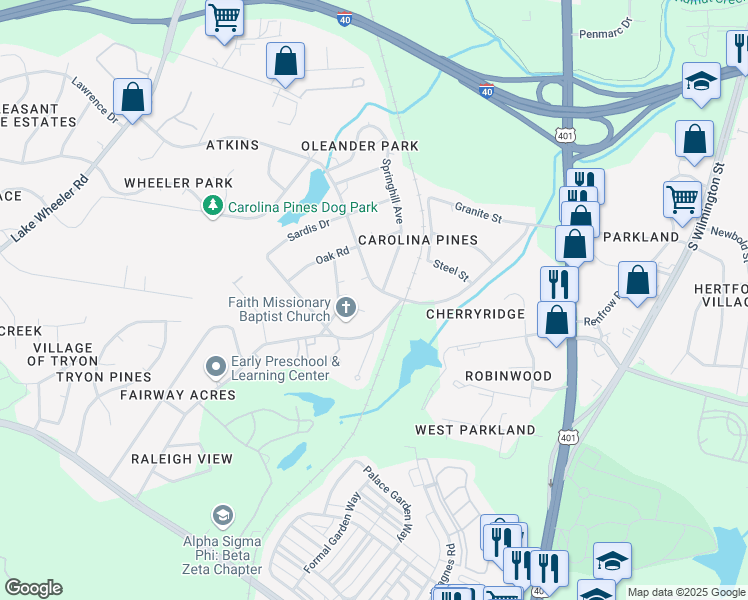 map of restaurants, bars, coffee shops, grocery stores, and more near 905 Carolina Pines Avenue in Raleigh