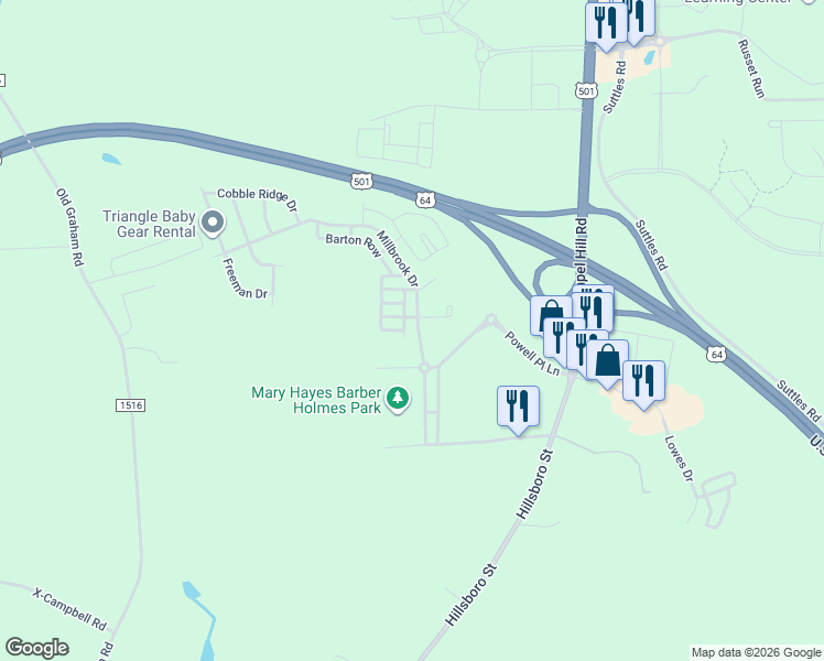 map of restaurants, bars, coffee shops, grocery stores, and more near 36 Danbury Court in Pittsboro