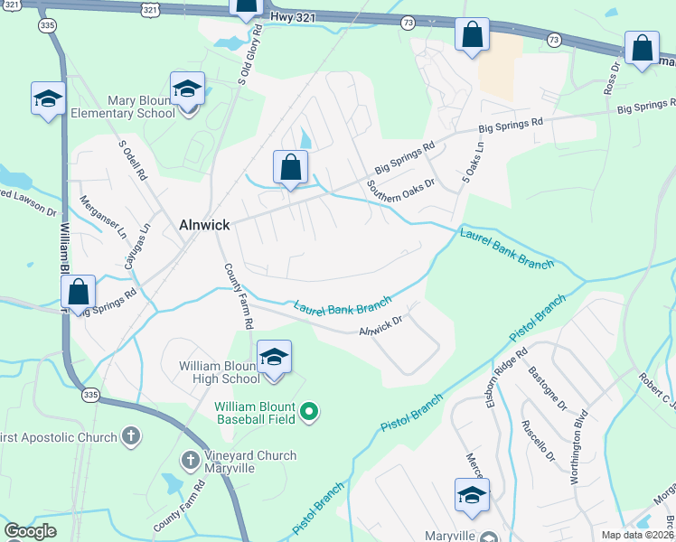 map of restaurants, bars, coffee shops, grocery stores, and more near 2058 Alnwick Boulevard in Maryville