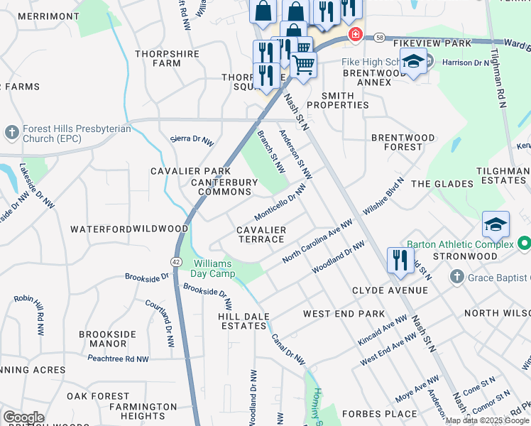 map of restaurants, bars, coffee shops, grocery stores, and more near 406 Monticello Drive Northwest in Wilson