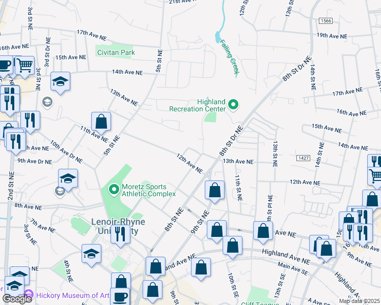 map of restaurants, bars, coffee shops, grocery stores, and more near 789 6th Street Place Northeast in Hickory