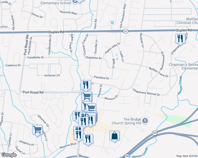 map of restaurants, bars, coffee shops, grocery stores, and more near 2689 Paradise Drive in Spring Hill