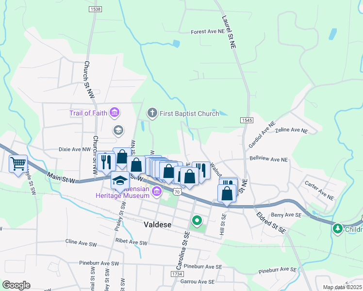 map of restaurants, bars, coffee shops, grocery stores, and more near 502 Italy Street Northeast in Valdese