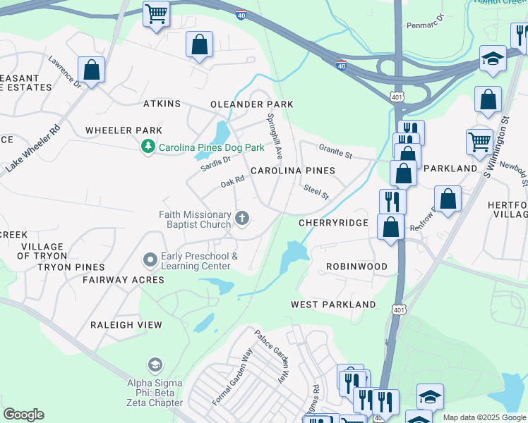 map of restaurants, bars, coffee shops, grocery stores, and more near 905 Carolina Pines Avenue in Raleigh