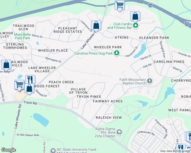 map of restaurants, bars, coffee shops, grocery stores, and more near 1705 Evergreen Avenue in Raleigh