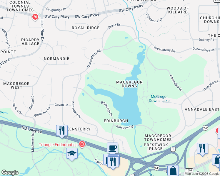 map of restaurants, bars, coffee shops, grocery stores, and more near 122 Duncansby Court in Cary