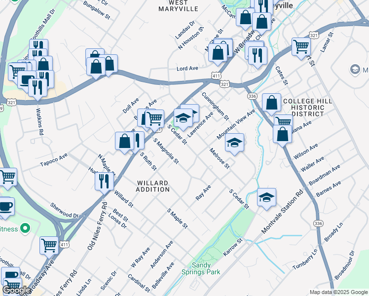 map of restaurants, bars, coffee shops, grocery stores, and more near 211 South Cedar Street in Maryville