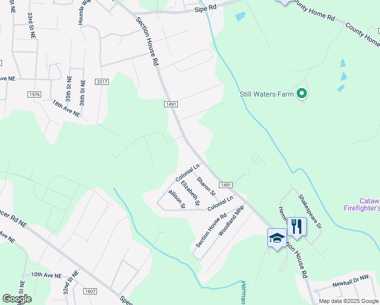 map of restaurants, bars, coffee shops, grocery stores, and more near 4145 Section House Road in Hickory