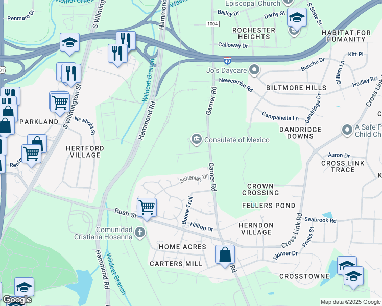 map of restaurants, bars, coffee shops, grocery stores, and more near 445 Raleigh View Road in Raleigh