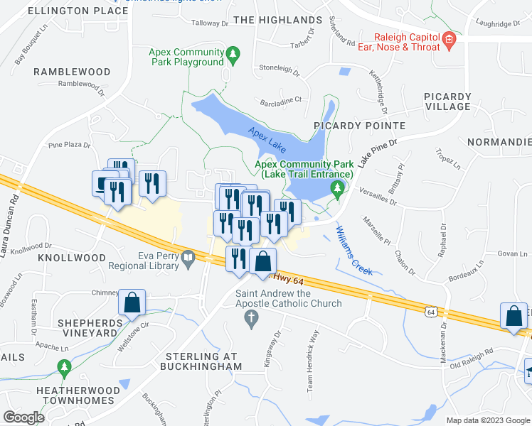 map of restaurants, bars, coffee shops, grocery stores, and more near 738 Park Summit Boulevard in Apex