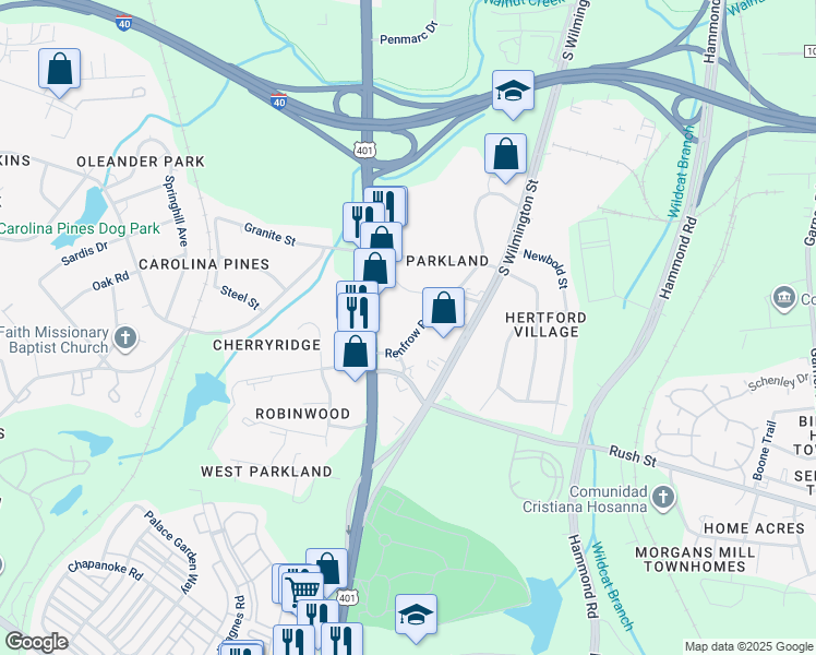 map of restaurants, bars, coffee shops, grocery stores, and more near 2730 Renfrow Road in Raleigh