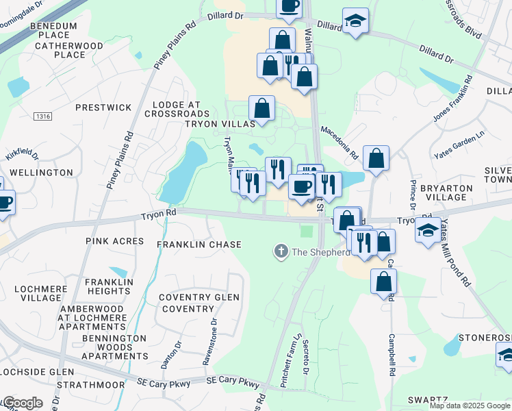 map of restaurants, bars, coffee shops, grocery stores, and more near 1040 Tryon Village Drive in Cary