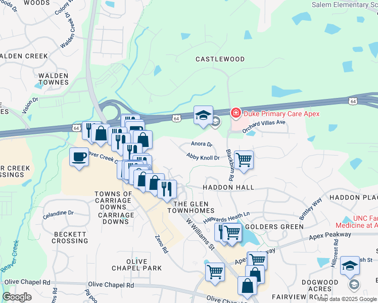 map of restaurants, bars, coffee shops, grocery stores, and more near 2102 Abby Knoll Drive in Apex