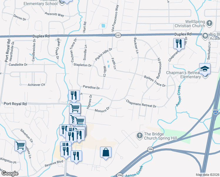 map of restaurants, bars, coffee shops, grocery stores, and more near 2665 Paradise Drive in Spring Hill