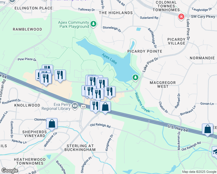 map of restaurants, bars, coffee shops, grocery stores, and more near 600 Park Summit Boulevard in Apex