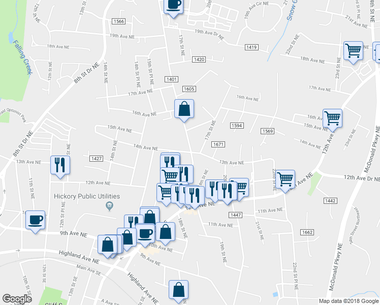 map of restaurants, bars, coffee shops, grocery stores, and more near 1599 State Road 1424 in Hickory