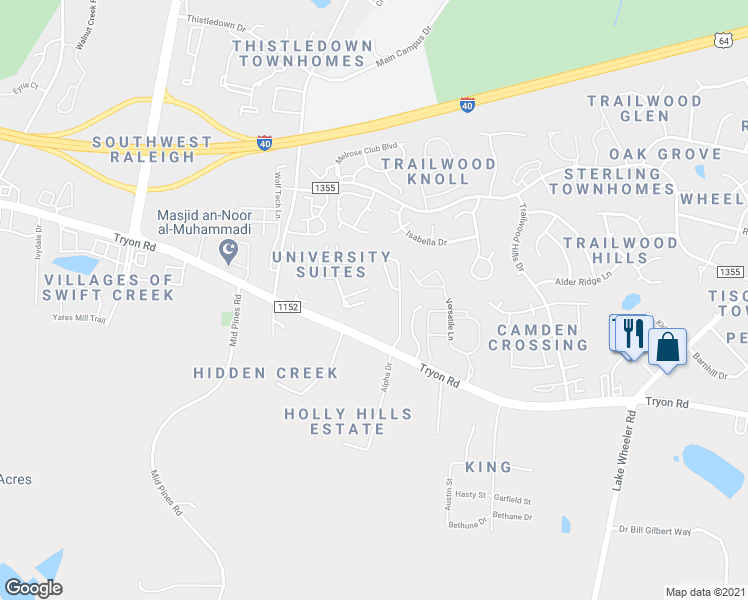 map of restaurants, bars, coffee shops, grocery stores, and more near 3210 Tropical Sky Lane in Raleigh