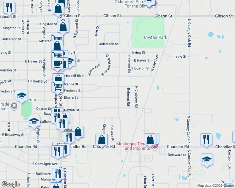 map of restaurants, bars, coffee shops, grocery stores, and more near 531 North Anthony Street in Muskogee