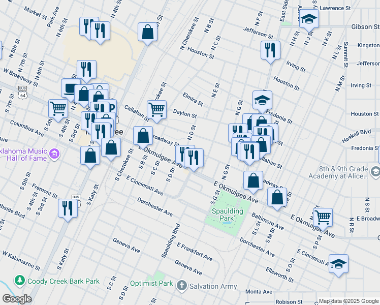 map of restaurants, bars, coffee shops, grocery stores, and more near 407 East Broadway Street in Muskogee