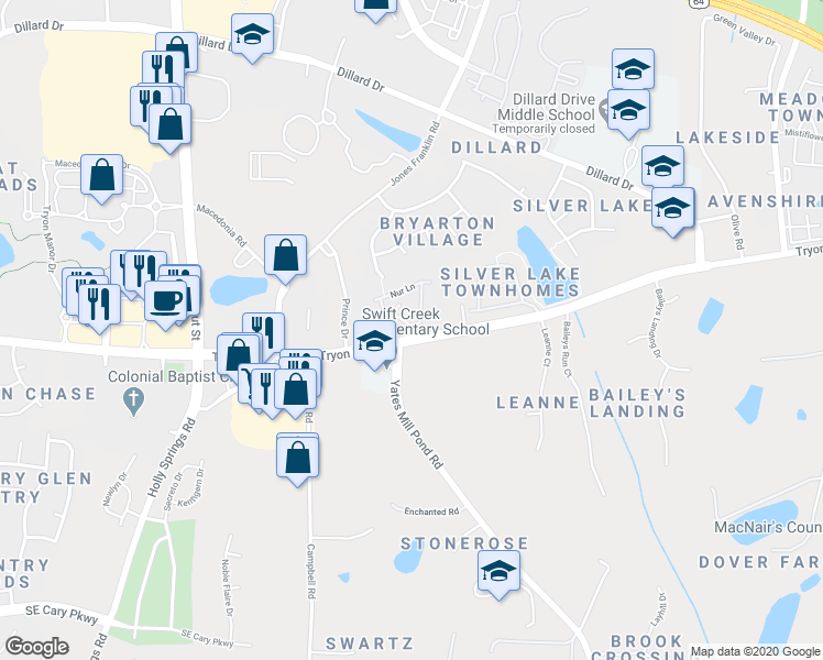 map of restaurants, bars, coffee shops, grocery stores, and more near 2613 Asher View Court in Raleigh