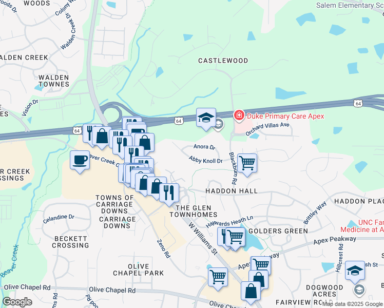map of restaurants, bars, coffee shops, grocery stores, and more near 2102 Abby Knoll Drive in Apex