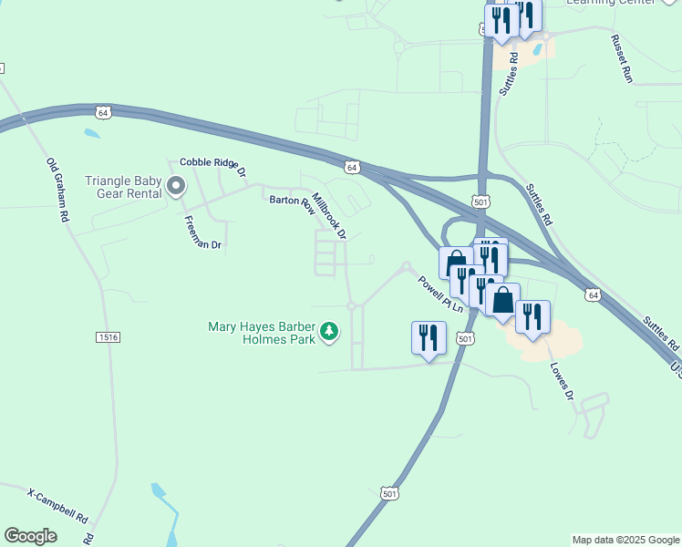 map of restaurants, bars, coffee shops, grocery stores, and more near 239 Millbrook Drive in Pittsboro