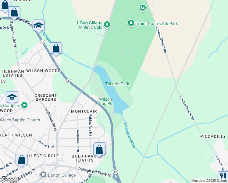 map of restaurants, bars, coffee shops, grocery stores, and more near 1500 Corbett Avenue Northeast in Wilson
