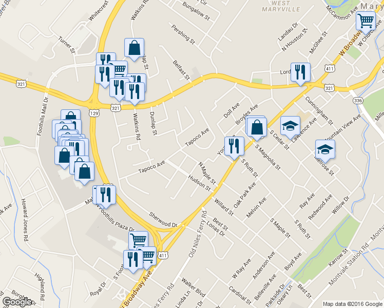 map of restaurants, bars, coffee shops, grocery stores, and more near 314 North Maple Street in Maryville