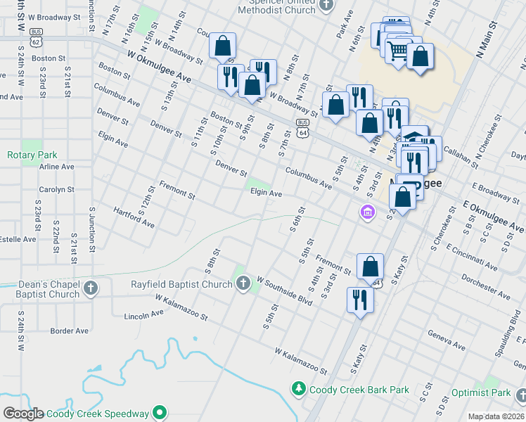 map of restaurants, bars, coffee shops, grocery stores, and more near 710 Fremont Avenue in Muskogee
