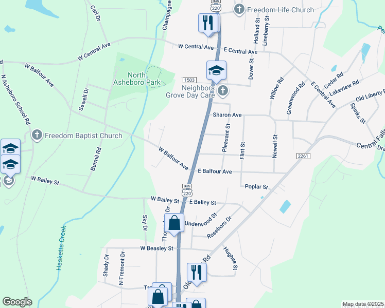 map of restaurants, bars, coffee shops, grocery stores, and more near 1747 North Fayetteville Street in Asheboro