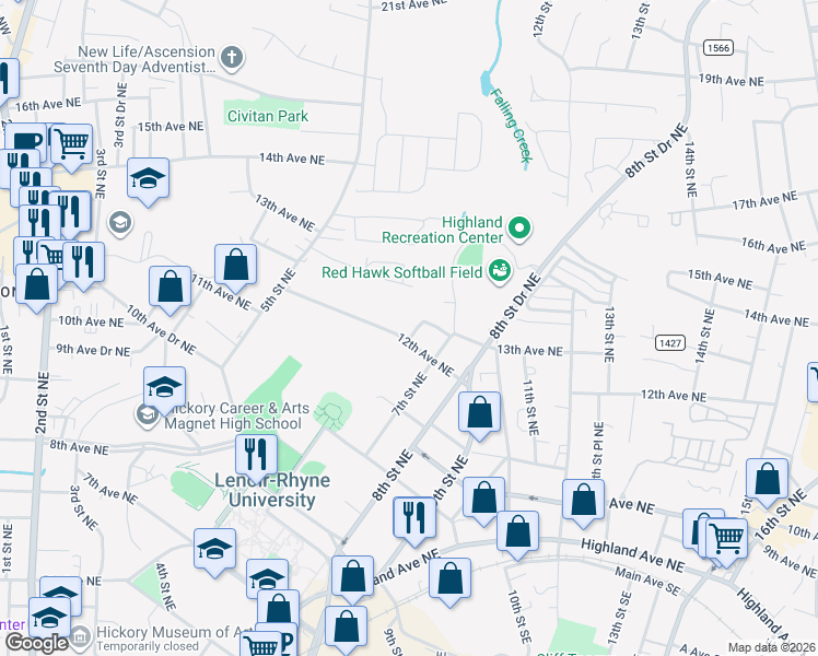 map of restaurants, bars, coffee shops, grocery stores, and more near 615 12th Avenue Northeast in Hickory