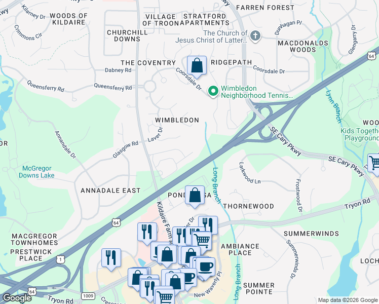 map of restaurants, bars, coffee shops, grocery stores, and more near 525 Spring Flower Court in Cary