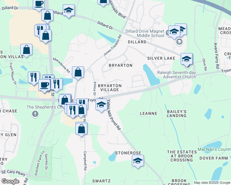map of restaurants, bars, coffee shops, grocery stores, and more near 2605 Asher View Court in Raleigh
