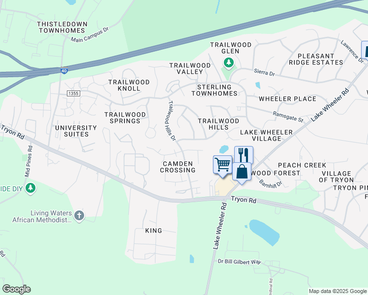 map of restaurants, bars, coffee shops, grocery stores, and more near 2509 Trailwood Hills Drive in Raleigh