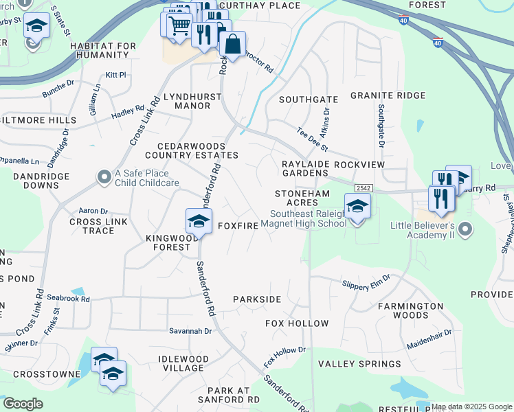 map of restaurants, bars, coffee shops, grocery stores, and more near 2401 Foxtrot Road in Raleigh