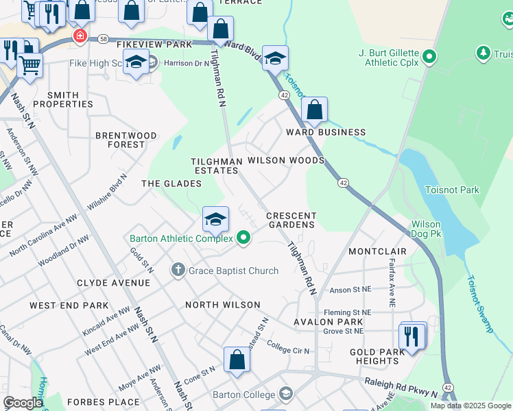 map of restaurants, bars, coffee shops, grocery stores, and more near 1600 Dartmore Drive North in Wilson