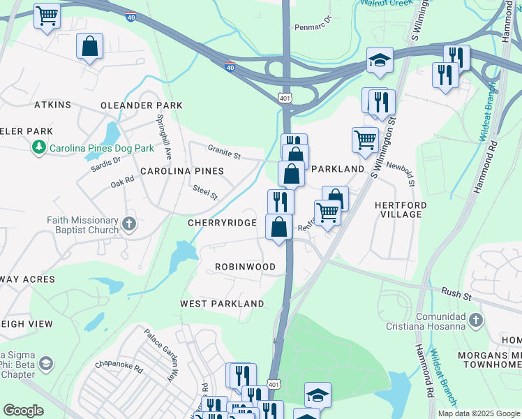 map of restaurants, bars, coffee shops, grocery stores, and more near in Raleigh