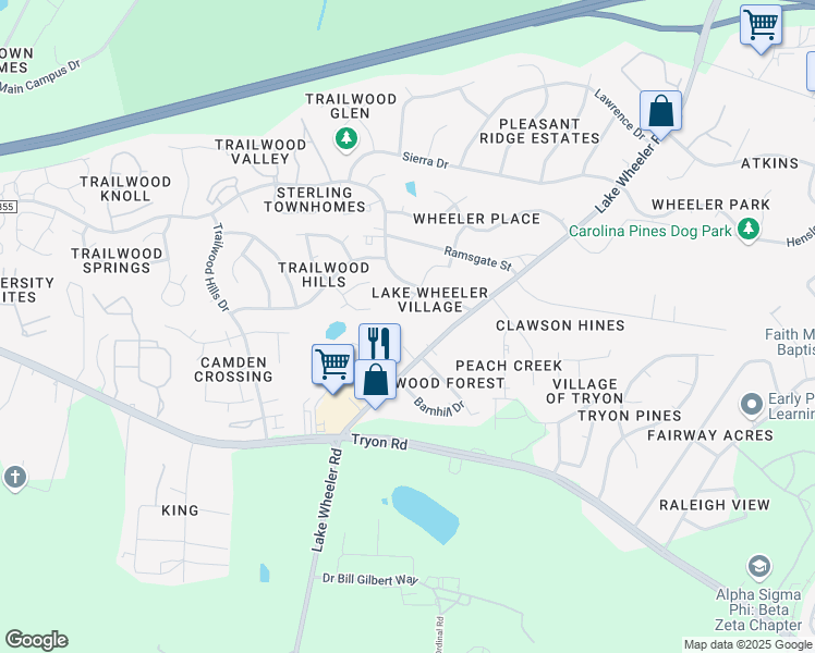 map of restaurants, bars, coffee shops, grocery stores, and more near 2534 Lake Wheeler Road in Raleigh