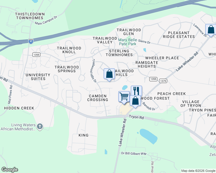 map of restaurants, bars, coffee shops, grocery stores, and more near 2632 Rainford Court in Raleigh