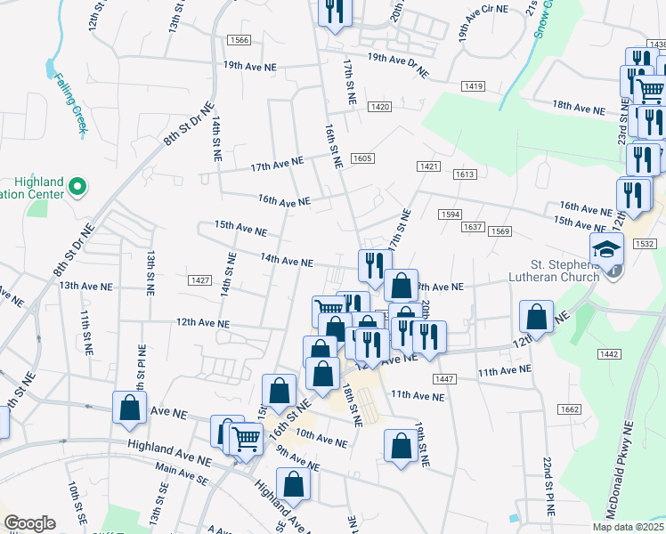 map of restaurants, bars, coffee shops, grocery stores, and more near 1536 14th Avenue Northeast in Hickory
