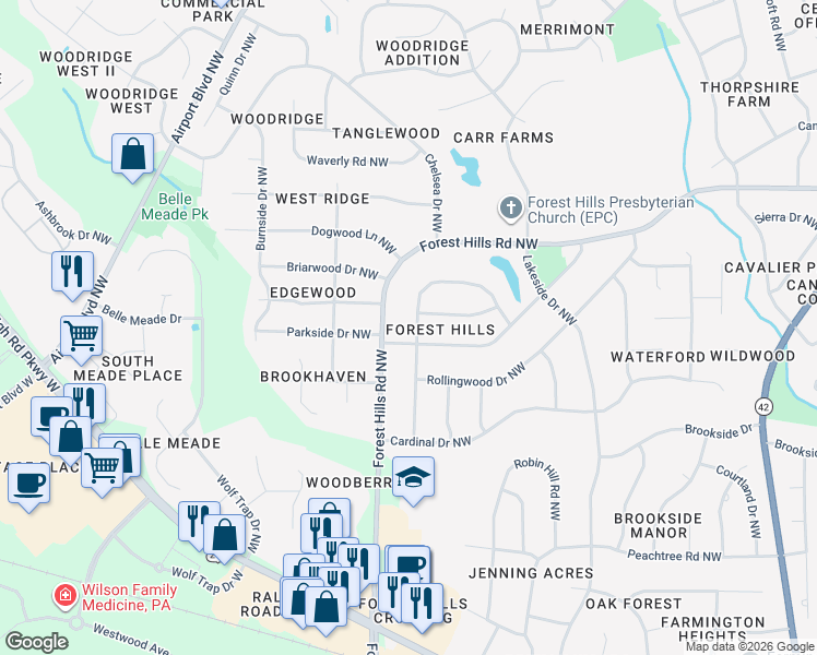 map of restaurants, bars, coffee shops, grocery stores, and more near 1132 Knollwood Drive Northwest in Wilson