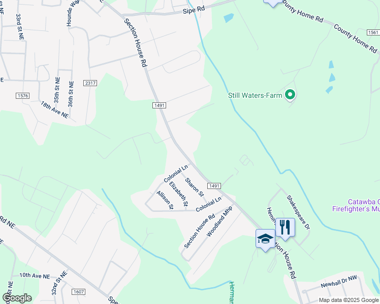 map of restaurants, bars, coffee shops, grocery stores, and more near 4145 Section House Road in Hickory
