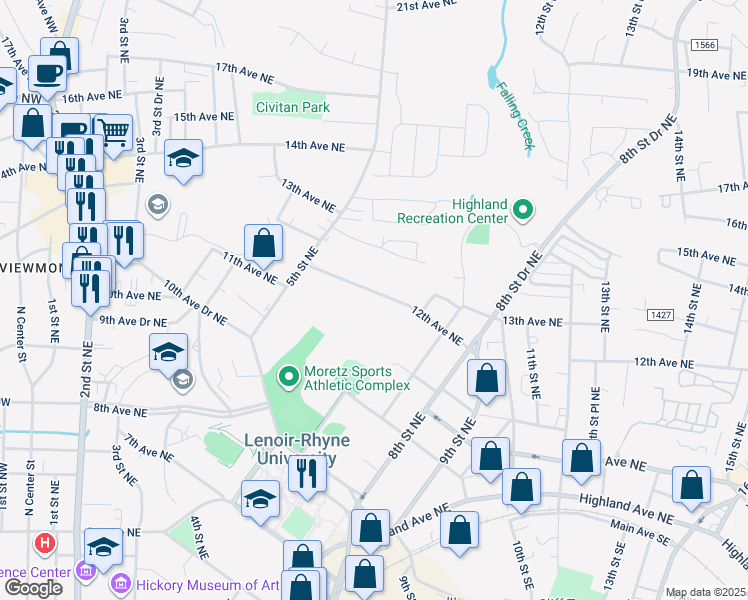 map of restaurants, bars, coffee shops, grocery stores, and more near 598 12th Avenue Northeast in Hickory